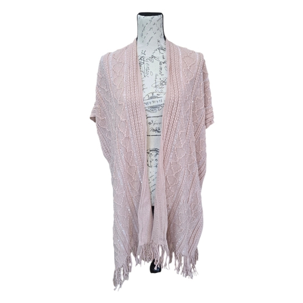 LVS Collection Soft Pink Kimono Style Fringe Knit Vest OS
